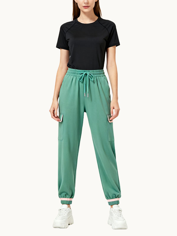 green-high-waisted-casual-pants-ankle-cuff-sportswear