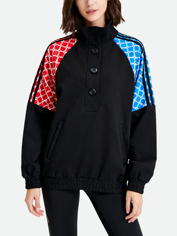 retro-patchwork-pattern-stand-up-collar-half-placket-womens-sports-jacket